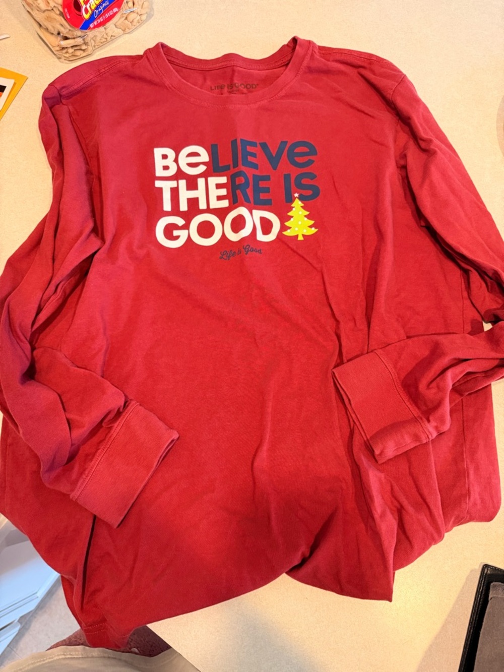 Life Is Good Red Long-Sleeve 'Believe There Is Good' Tee with Yellow Tree Accent